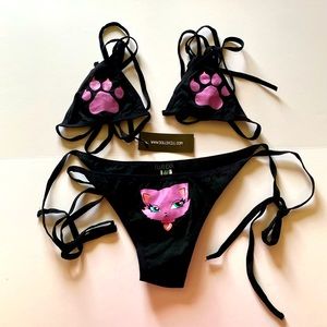 Dolls Kill Club Exx Black And Purple Kitty Bikini Set Size Large Sexy Lingerie